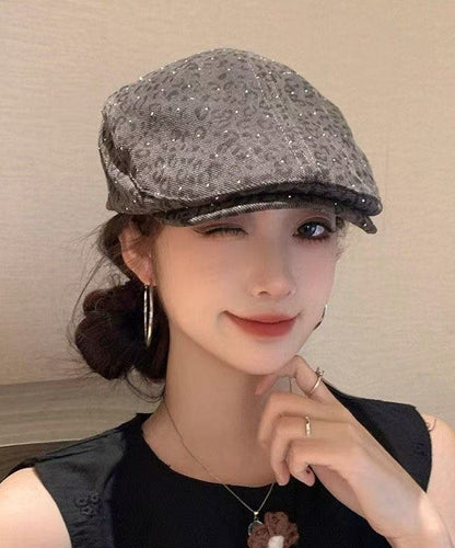 New Gray Keopard Print Zircon Cotton Breton Hat