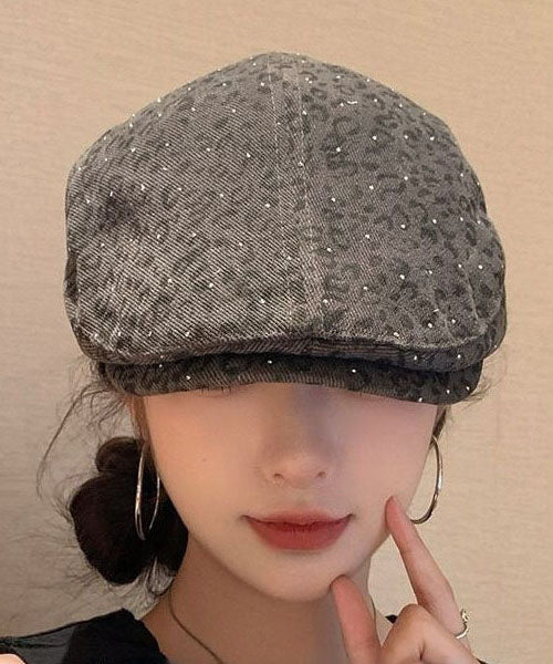 New Gray Keopard Print Zircon Cotton Breton Hat