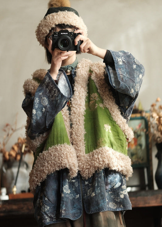 New Green Faux Fur Patchwork Fine Cotton Filled Vest Sleeveless