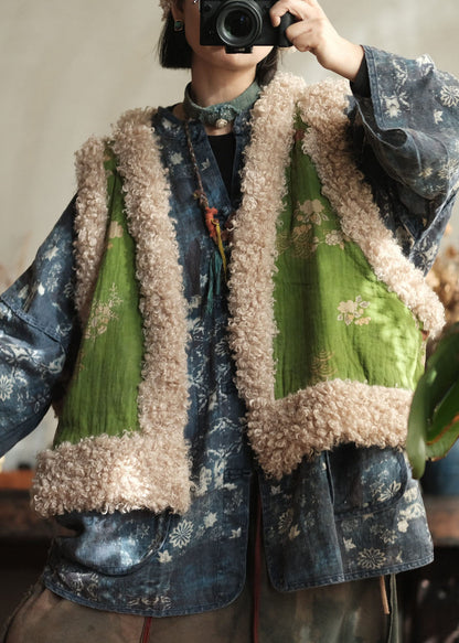 New Green Faux Fur Patchwork Fine Cotton Filled Vest Sleeveless