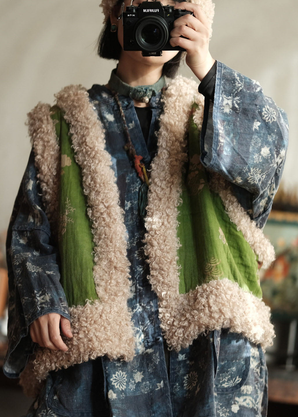 New Green Faux Fur Patchwork Fine Cotton Filled Vest Sleeveless