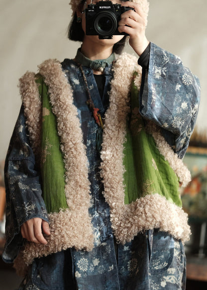 New Green Faux Fur Patchwork Fine Cotton Filled Vest Sleeveless