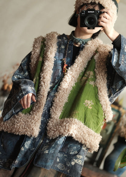 New Green Faux Fur Patchwork Fine Cotton Filled Vest Sleeveless
