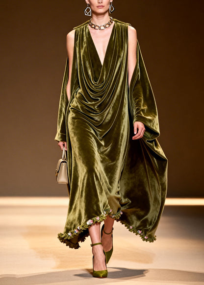 New Green Floral Patchwork Cold Shoulder Velvet Long Dress Fall