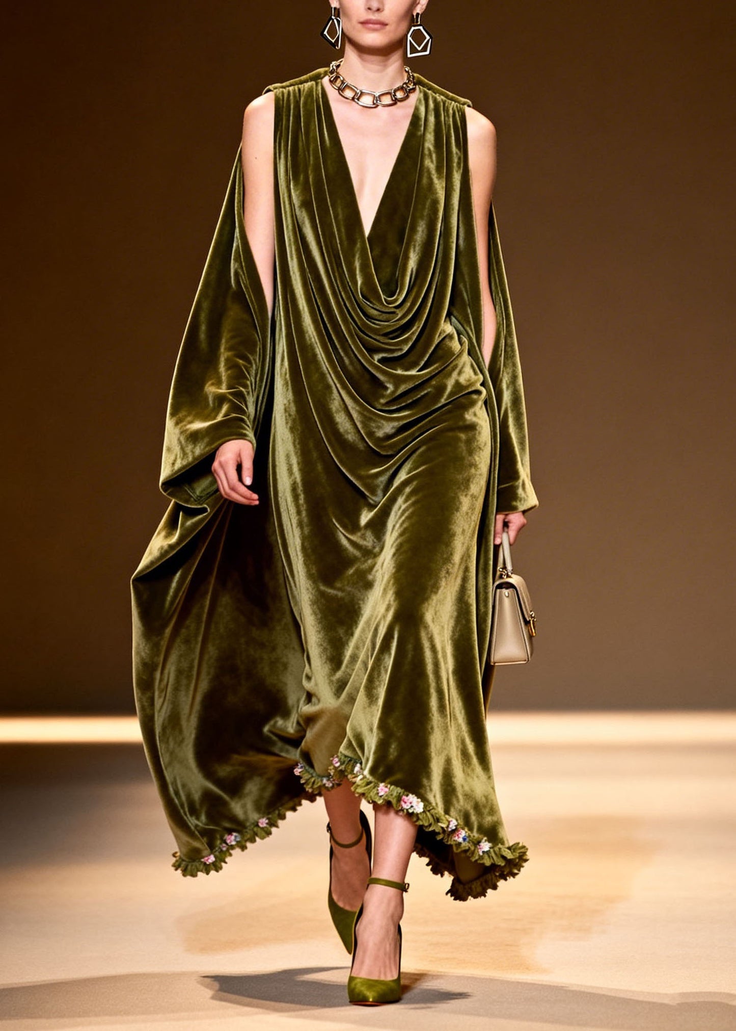 New Green Floral Patchwork Cold Shoulder Velvet Long Dress Fall