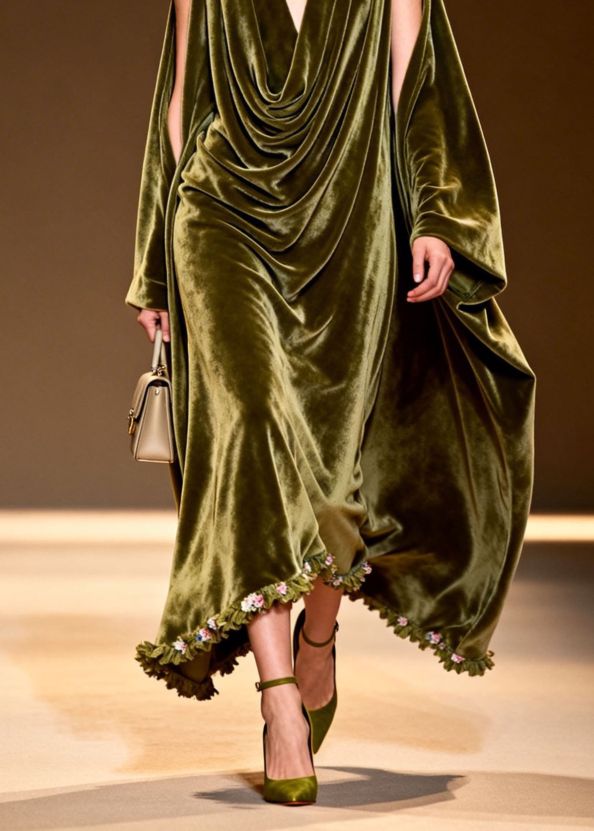 New Green Floral Patchwork Cold Shoulder Velvet Long Dress Fall