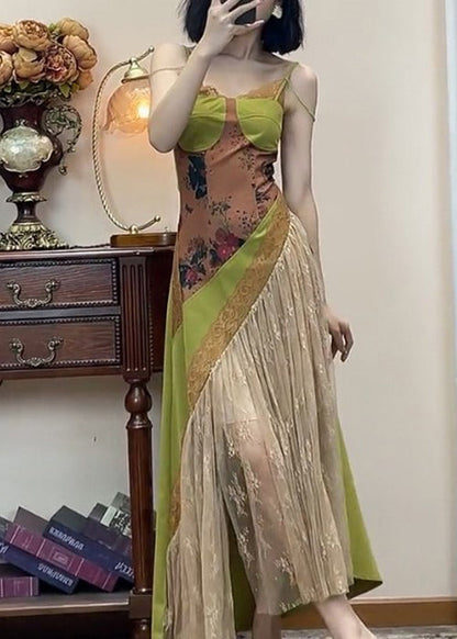 New Green Lace Patchwork Spaghetti Strap Dress Sleeveless