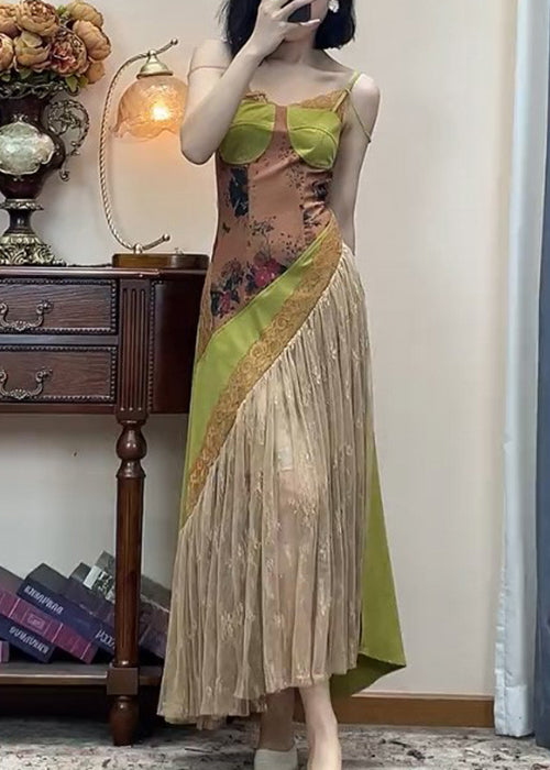 New Green Lace Patchwork Spaghetti Strap Dress Sleeveless