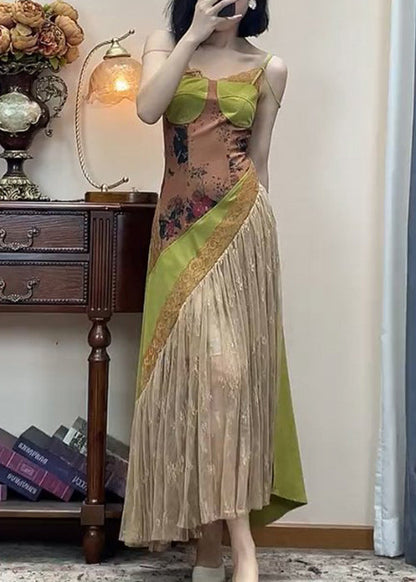 New Green Lace Patchwork Spaghetti Strap Dress Sleeveless