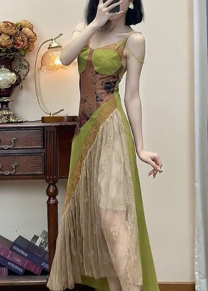 New Green Lace Patchwork Spaghetti Strap Dress Sleeveless