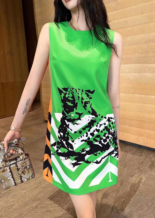 New Green O Neck Zippered Print Cotton Mid Dress Sleeveless