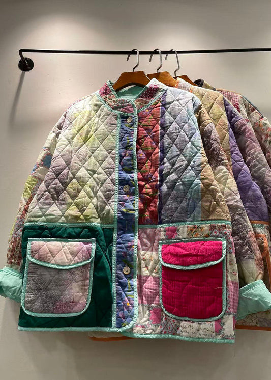 New Green Pockets Print Patchwork Fine Cotton Filled Jackets Winter