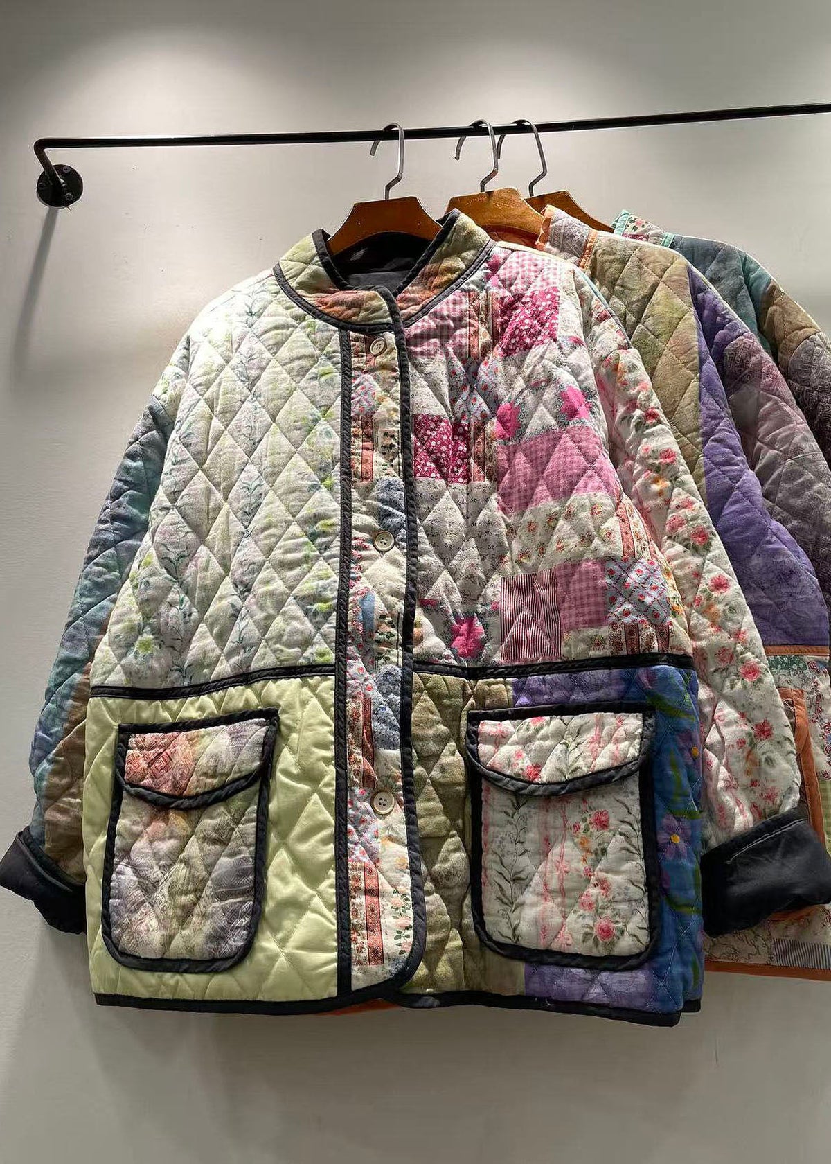 New Green Pockets Print Patchwork Fine Cotton Filled Jackets Winter