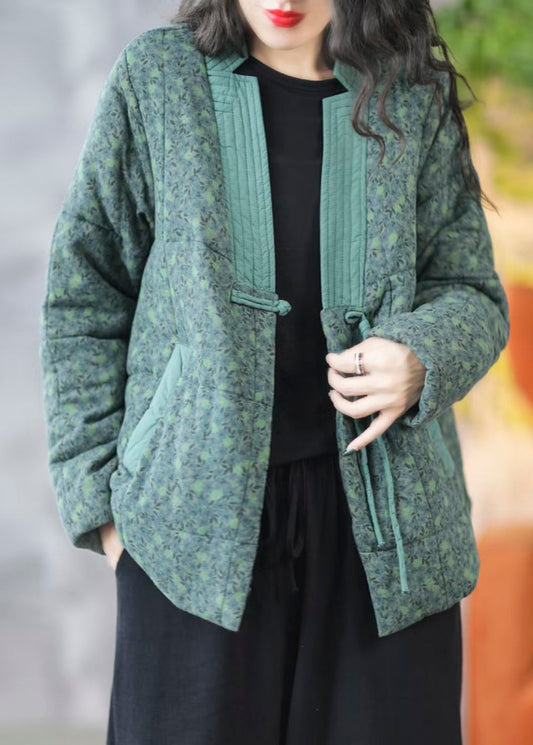 New Green Print Button Pockets Fine Cotton Parka