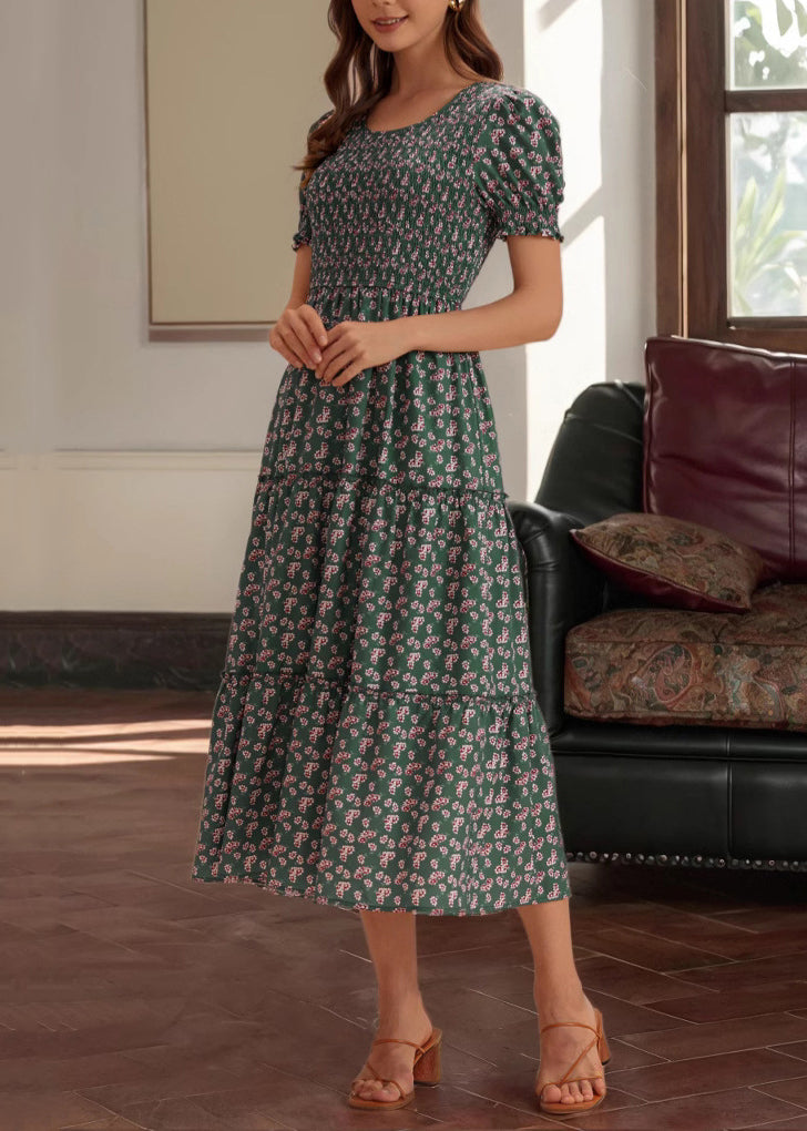 New Green Print High Waist Cotton Long Dresses Summer