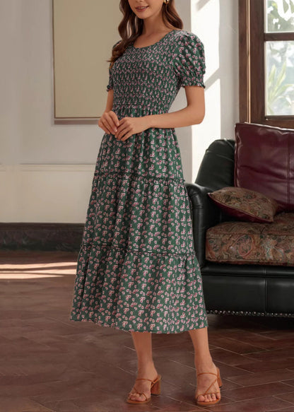 New Green Print High Waist Cotton Long Dresses Summer