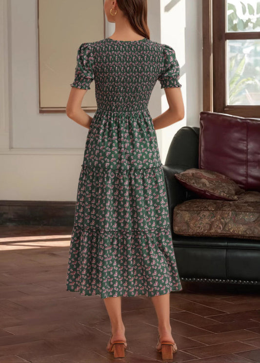 New Green Print High Waist Cotton Long Dresses Summer