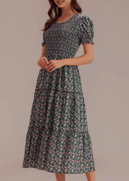 New Green Print High Waist Cotton Long Dresses Summer
