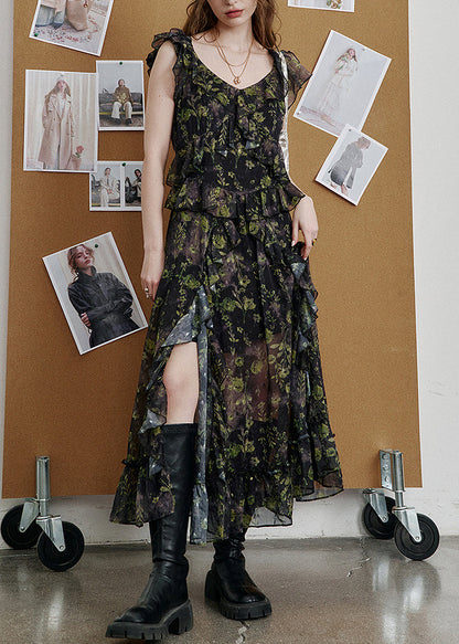 New Green Print Side Open Chiffon Long Dresses Summer