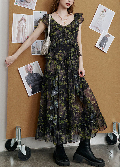 New Green Print Side Open Chiffon Long Dresses Summer