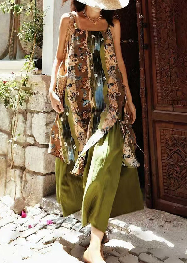 New Green Print Side Open Patchwork Cotton Spaghetti Strap Dress Sleeveless