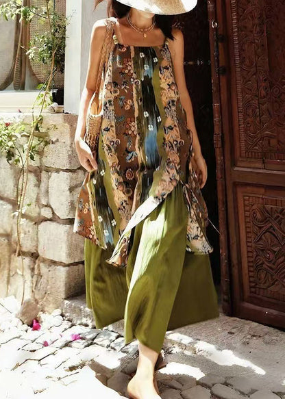 New Green Print Side Open Patchwork Cotton Spaghetti Strap Dress Sleeveless