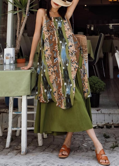 New Green Print Side Open Patchwork Cotton Spaghetti Strap Dress Sleeveless