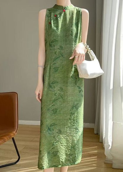 New Green Print Side Open Silk Cotton Long Dress Sleeveless