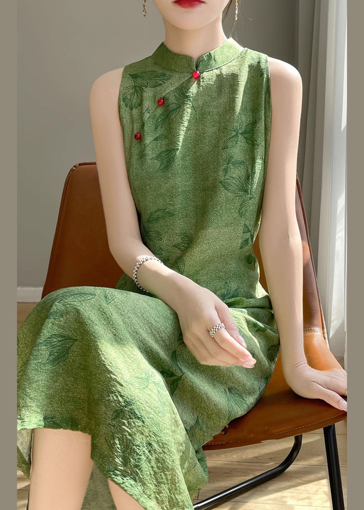 New Green Print Side Open Silk Cotton Long Dress Sleeveless
