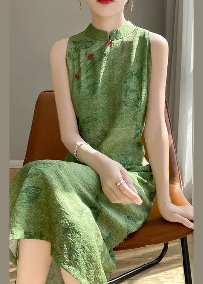 New Green Print Side Open Silk Cotton Long Dress Sleeveless