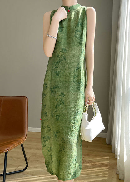 New Green Print Side Open Silk Cotton Long Dress Sleeveless