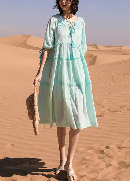 New Green Ruffled Lace Up Cotton Long Dresses Half Sleeve