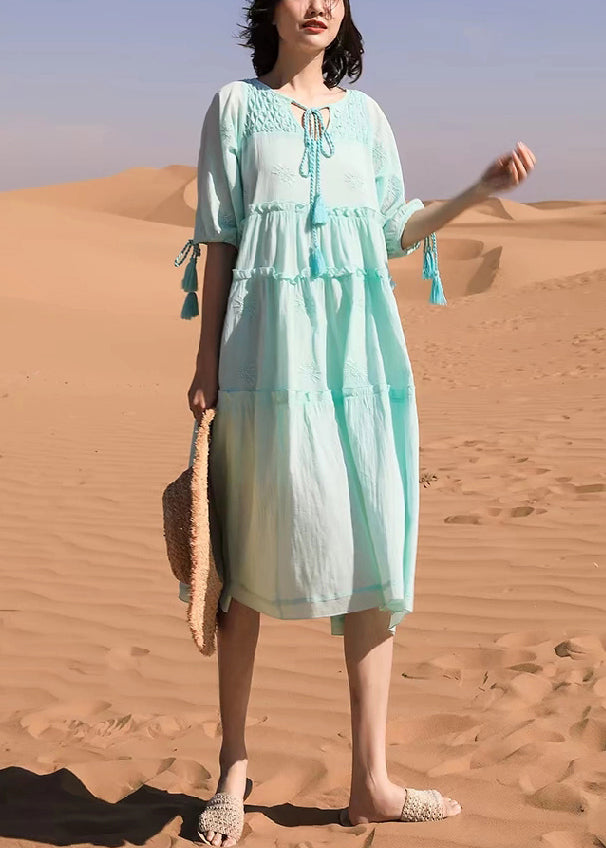 New Green Ruffled Lace Up Cotton Long Dresses Half Sleeve