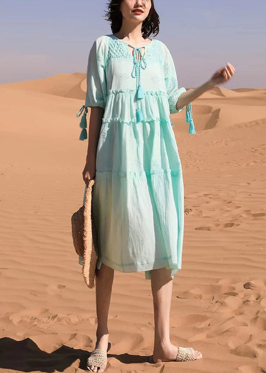 New Green Ruffled Lace Up Cotton Long Dresses Half Sleeve