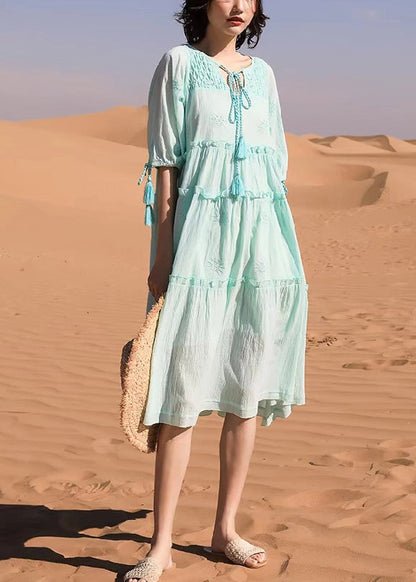 New Green Ruffled Lace Up Cotton Long Dresses Half Sleeve