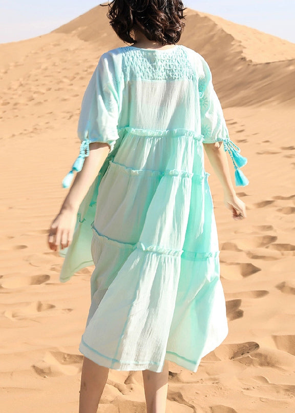 New Green Ruffled Lace Up Cotton Long Dresses Half Sleeve