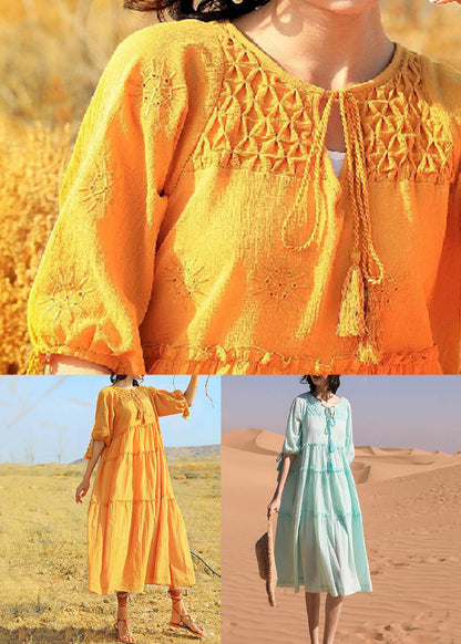 New Green Ruffled Lace Up Cotton Long Dresses Half Sleeve