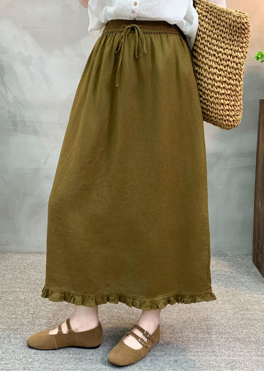 New Green Ruffled Patchwork Elastic Waist Linen Skirt Summer