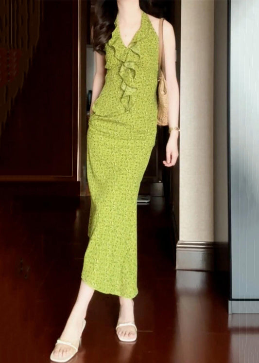 New Green Ruffled Print Cotton Long Dress Sleeveless