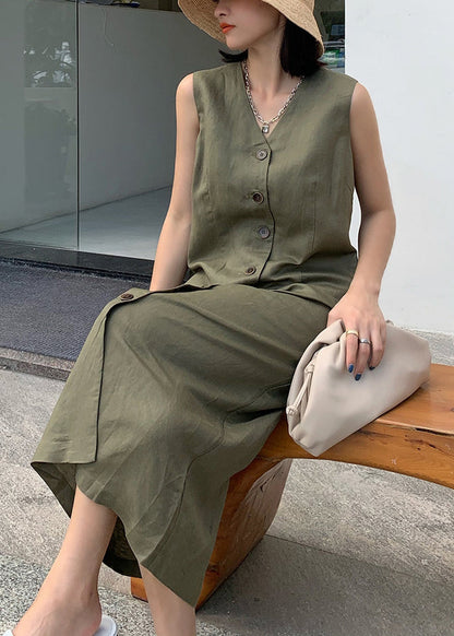 New Green V Neck Button Pockets Linen Dresses Sleeveless
