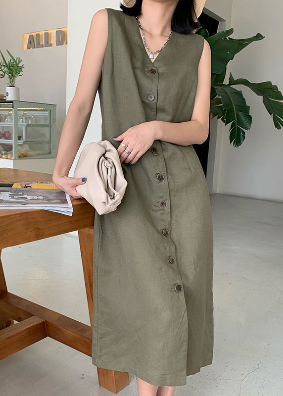 New Green V Neck Button Pockets Linen Dresses Sleeveless