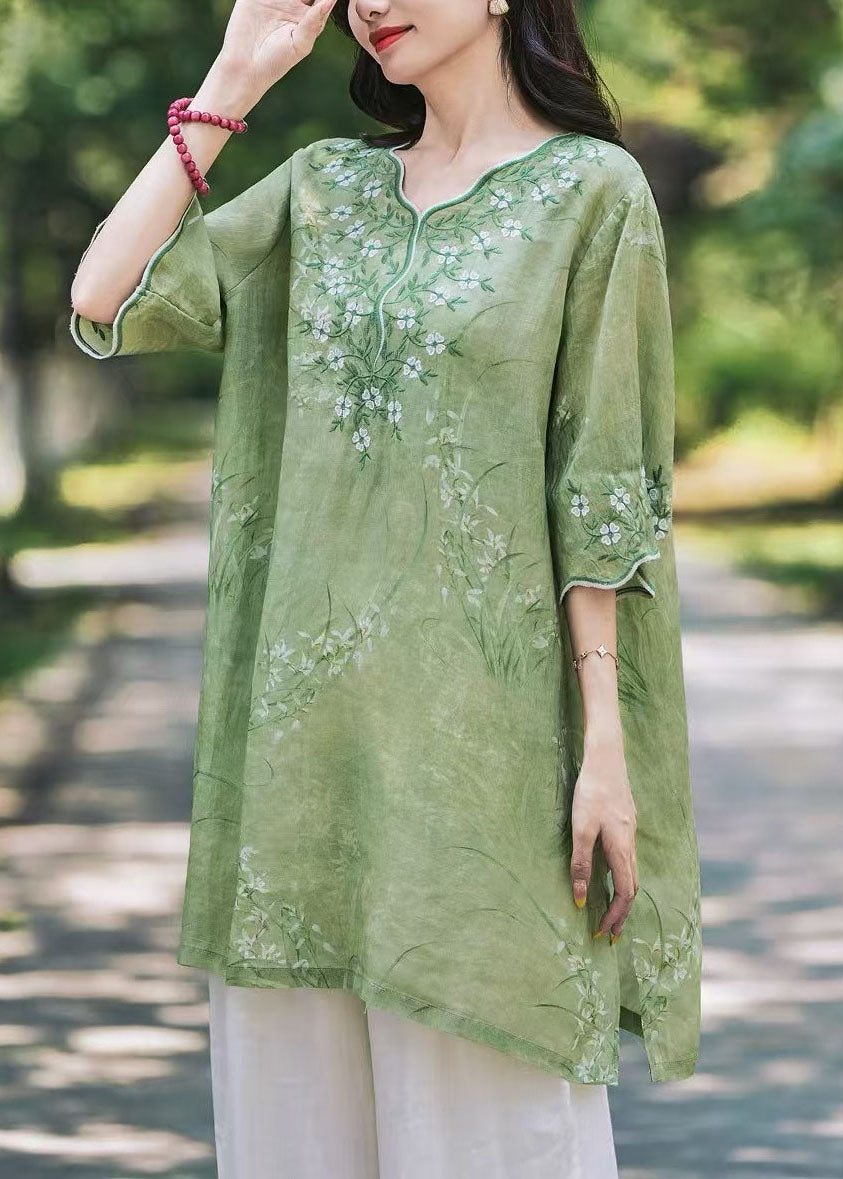 New Green V Neck Embroidered Print Linen Shirts Top Summer
