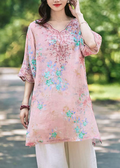 New Green V Neck Embroidered Print Linen Shirts Top Summer