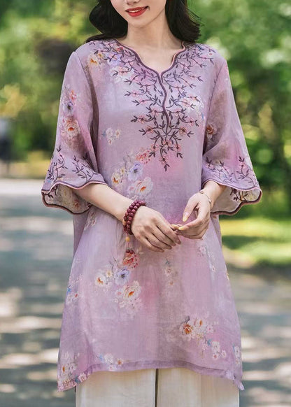 New Green V Neck Embroidered Print Linen Shirts Top Summer