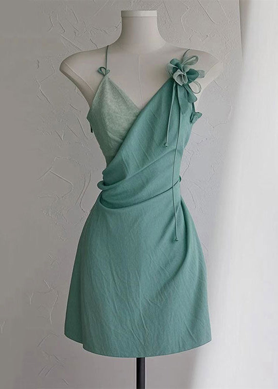 New Green V Neck High Waist Cotton Spaghetti Strap Dress Sleeveless