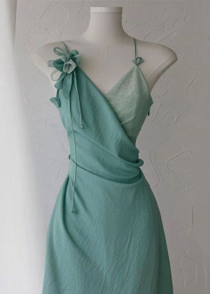 New Green V Neck High Waist Cotton Spaghetti Strap Dress Sleeveless