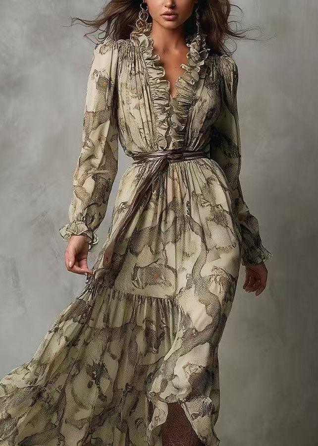 New Green V Neck Ruffled Patchwork Chiffon Long Dresses Summer