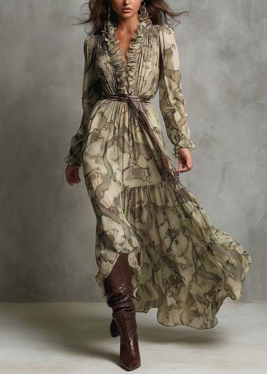 New Green V Neck Ruffled Patchwork Chiffon Long Dresses Summer