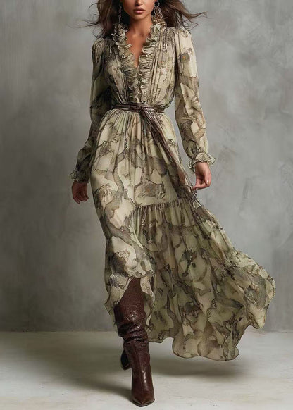 New Green V Neck Ruffled Patchwork Chiffon Long Dresses Summer