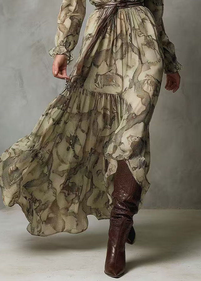 New Green V Neck Ruffled Patchwork Chiffon Long Dresses Summer